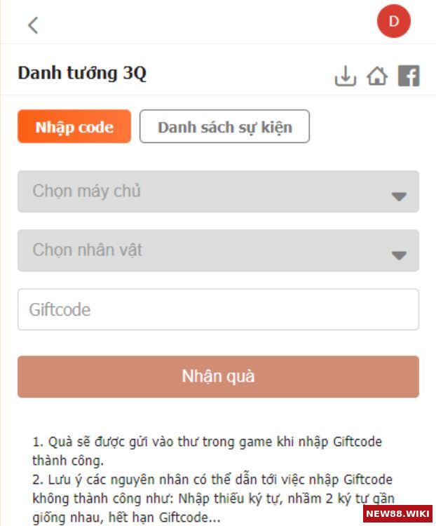 Các bước nhận code danh tướng 3Q miễn phí