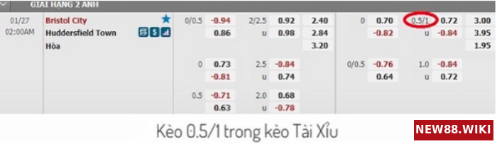 Kèo bóng 0 5/1 ở dạng Tài Xỉu