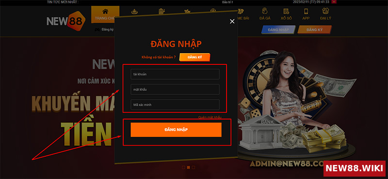Nhập thông tin đăng nhập tài khoản nhà cái New 88